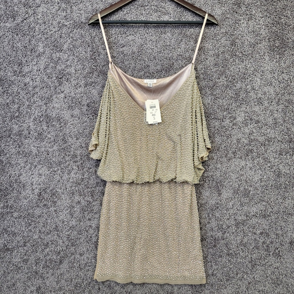 Cache Studded Mini Dress Womens 0 Beige NEW Cold Shoulder V-Neck XS6750C
